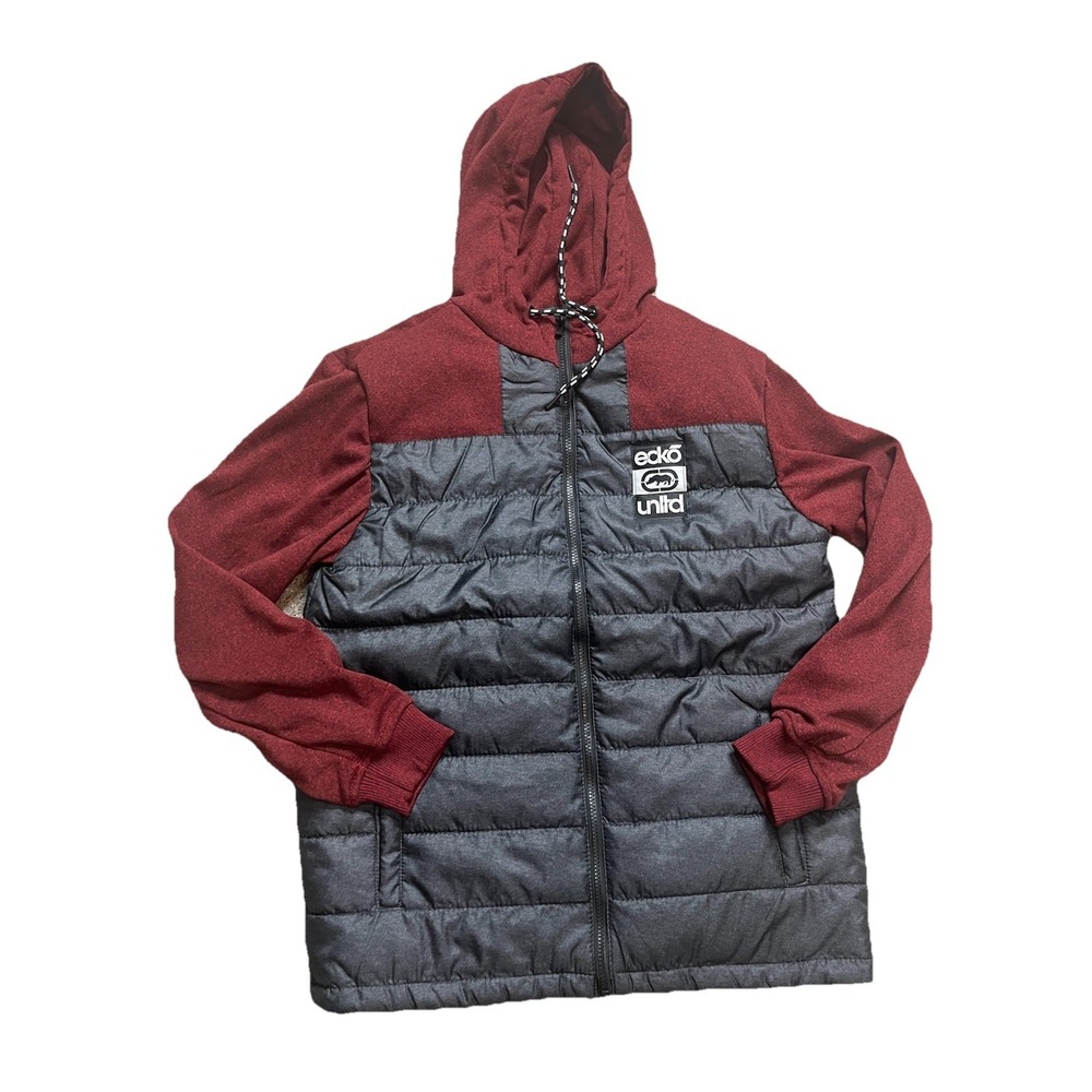 Ecko Mens Jacket Med Puffer Hoodie Zip Front Long Sleeve‎ Quilted Black Burgundy